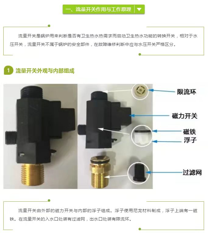 地暖壁炉不出热水-流量开关外观和内部结构